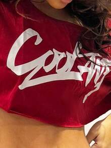 RebeccaVibe WOMEN Streetwear Going Out Sport Casual Graphic Off Shoulder Slouchy Cropped Red Tee - Red - View 6