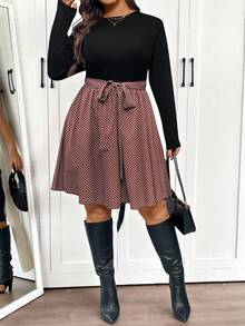 SHEIN Frenchy 大码女式高领黑色针织长袖上衣搭配卡其色灯芯绒A字裙，适合日常穿着、约会等场合，时尚百搭。 - 彩色 - 查看 3