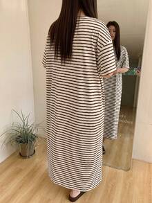 Dazy Plus Cute Striped Pattern Print Loose Fit Plus Size Women Long Nightgown - Khaki - View 2