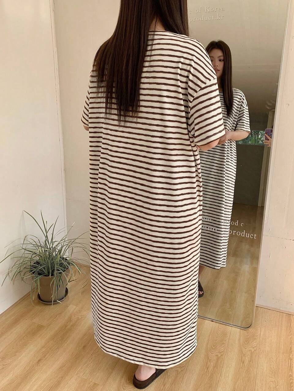 Dazy Plus Cute Striped Pattern Print Loose Fit Plus Size Women Long Nightgown