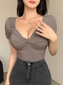 DAZY Women V-Neck Twist Front Short Sleeve Fitted Cropped T-Shirt - Mocha Brown - View 4