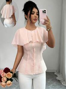 Elenzga Áo kiểu nữ màu trơn, cổ tròn, chất liệu xuyên thấu, dáng capelet lãng mạn, xếp ly, cài nút ở eo, không tay, tay ngắn, màu hồng, thanh lịch, mang phong cách Pháp cổ điển tối giản, phù hợp cho công sở, đi làm, kinh doanh, thường ngày, đi biển, hẹn hò, mùa xuân/hè. - Hồng - Xem 1