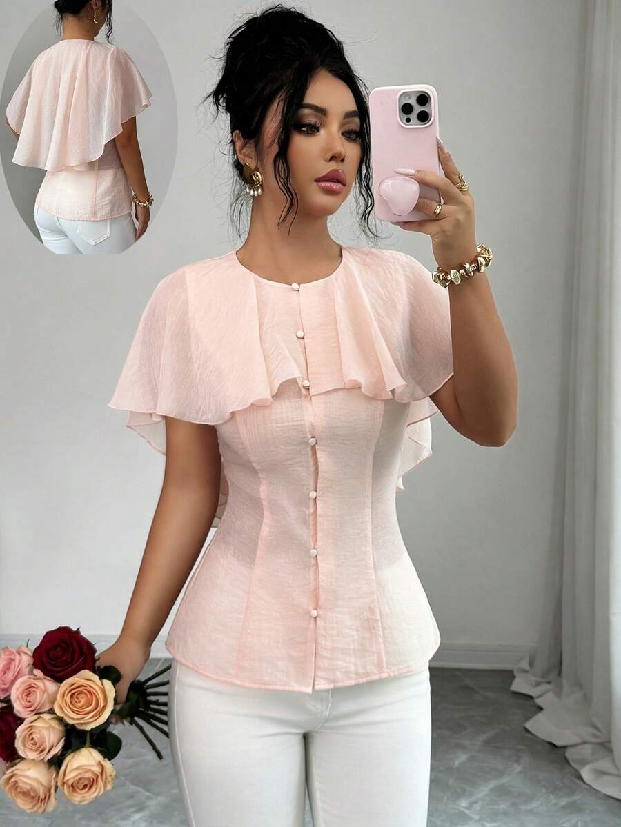 Elenzga Áo kiểu nữ màu trơn, cổ tròn, chất liệu xuyên thấu, dáng capelet lãng mạn, xếp ly, cài nút ở eo, không tay, tay ngắn, màu hồng, thanh lịch, mang phong cách Pháp cổ điển tối giản, phù hợp cho công sở, đi làm, kinh doanh, thường ngày, đi biển, hẹn hò, mùa xuân/hè. - Hồng - Xem 1