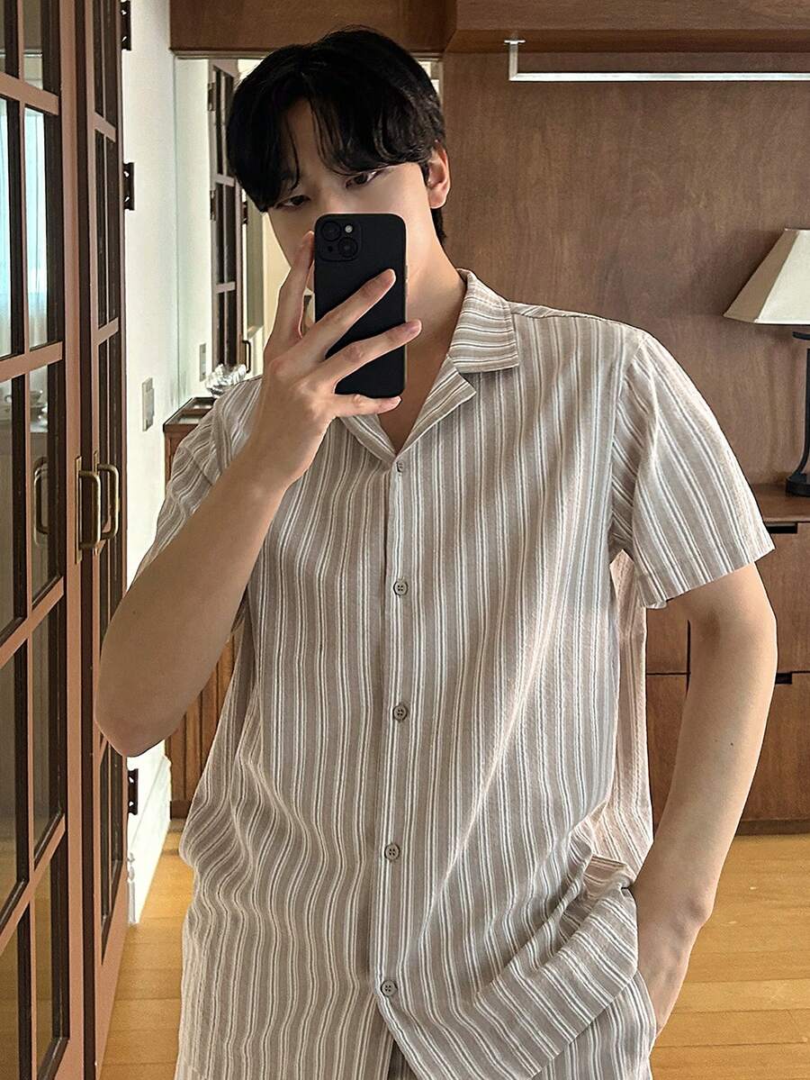 DAZY 杏色短袖衬衫和裤子男士睡衣套装，春夏款 - 杏色 - 查看 1