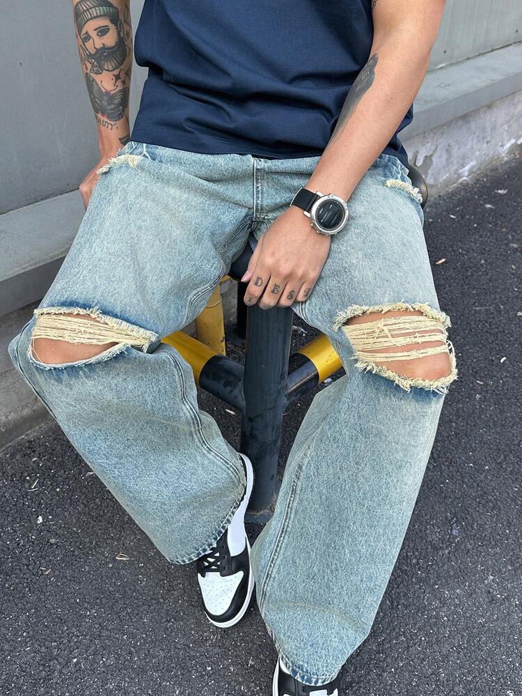 Men's Distressed Washed Denim Jeans, Spring/Summer