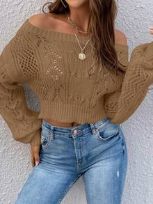 Almamuse Suéter corto de mujer con hombros descubiertos y mangas largas caídas - Camel - Ver 3