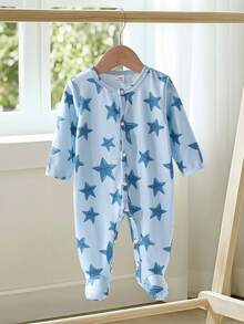 Newborn Baby Blue Star Print Long Sleeve Jumpsuit Romper Pajamas - Blue - View 3