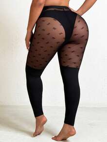 GalTyme 大码蝴蝶结图案薄纱休闲打底裤 - 黑色 - 查看 3