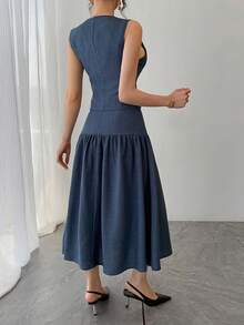DAZY Women's Solid Color V-Neck Sleeveless Fashionable Minimalist Summer Suit - Blue - View 7