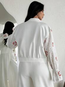 SHEIN Women's Casual Hollow Out Embroidered Drop Shoulder Long Sleeve Jacket With Pockets, Spring/Autumn - Beige - View 3