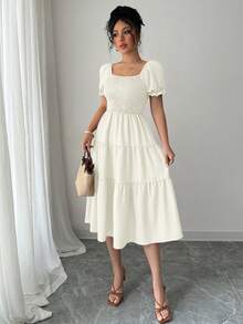 Elenzga Đầm nữ màu trơn thường ngày, đầm dài tay ngắn cổ vuông màu kaki, đầm dáng chữ A rộng rãi, thắt eo, thích hợp cho kỳ nghỉ. - Pearl White - Xem 3