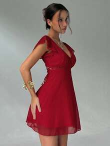 Aloruh Elegant Sexy Charming Ruffle Sleeve A-Line Deep V-Neck Backless Mini Dress For Women - Burgundy - View 5