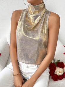 SHEIN LUNE Blusa sin mangas de cuello alto metálica para mujer - Dorado - Ver 5