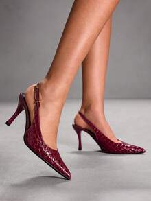 CUCCOO SZL 女士尖头高跟鞋，8厘米优雅细高跟，后跟系带，方便穿脱，镜面PU材质，金属大装饰扣，酒红色，酒杯鞋跟，适合日常/派对/圣诞节/感恩节/情人节/约会/聚会等场合穿着。 - 酒紅色 - 查看 8