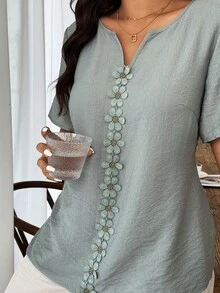 Weeklong Plus Size Women's Floral Patchwork Ruffle Trim Loose Short Sleeve Blouse, Spring/Summer - Green - View 6