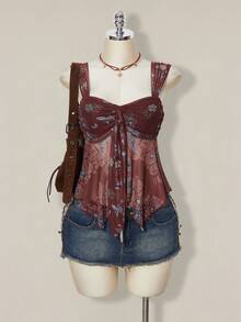 SHEIN ICON Áo tank top không tay in họa tiết tối giản kiểu miền Tây, phong cách hippie, áo cao bồi, áo kiểu khăn choàng, hàng mới về năm 2026 dành cho nữ, thích hợp cho các lễ hội mùa xuân hè. - Nhiều màu - Xem 3