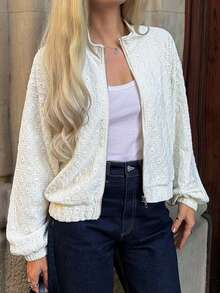 Livesso 女士休闲宽松蕾丝高领常规外套 - 杏色 - 查看 3