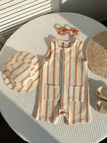 SHEIN 2件套新生儿男女宝宝休闲可爱条纹华夫格无袖连体衣和遮阳帽套装，春夏款 - 杏色 - 查看 7