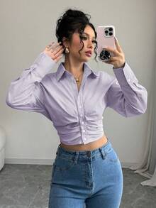 Selianne 女士休闲条纹短款褶皱长袖衬衫，春季 - 紫色 - 查看 6