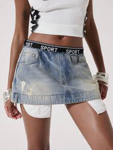 ROMWE Avant Women's Sporty Elastic Waist Low Waist Denim Mini Skirt - Light Wash - View 10