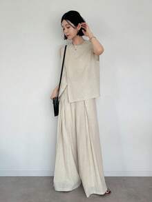 FRIFUL 女士圆领不对称下摆交叉上衣和阔腿纯色长裤两件套 - 米色 - 查看 5