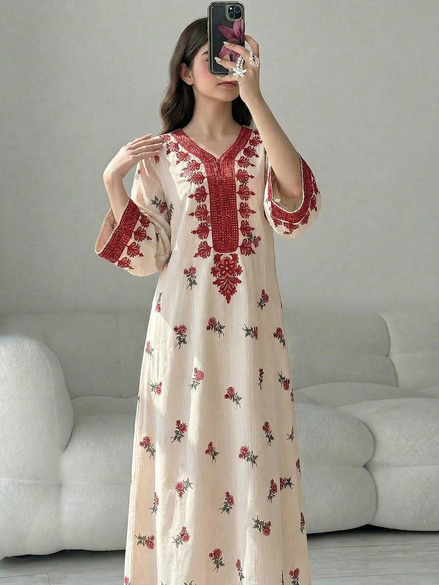 SHEIN Tween Girl Floral Print V-Neck Long Sleeve Loose Dress Long Modest Dresses For Girls