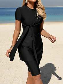 Swim Mulvari Bộ đồ bơi nữ mùa hè mới, cổ tròn, tay ngắn, thắt eo bên hông, xẻ tà, kèm quần short, màu đen, kiểu dáng thường ngày, thích hợp cho kỳ nghỉ hoặc đi biển. - màu đen - Xem 6