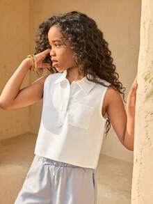 Tween flickor avslappnad vardaglig collegestil semester ärmlös lös pikétröja med fickor - Vitt - Visa 4