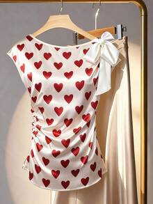 Franclia Spring/Summer Women's New Arrivals: Romantic And Elegant Vacation Beach Commute Office Banquet Party Afternoon Tea Party Girlfriends Party Birthday Party Annual Meeting Concert Series Heart Print Series Tie-Up Bow Design Satin Matte Texture Comfortable Cool Elegant Casual Everyday Holiday Tops, Valentine's Day Tops Carnival Tops White Tops Burgundy Shirts White Shirts Bow Tie Tops - Multicolor - View 2