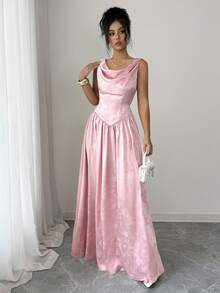 Elenzga Sleeveless Draped Neck Cinched Waist A-Line Satin Jacquard High-Gloss Fabric Light Pink Tie Waist Slimming French Elegant Vacation Dress For Women, Spring/Summer - Pink - View 6