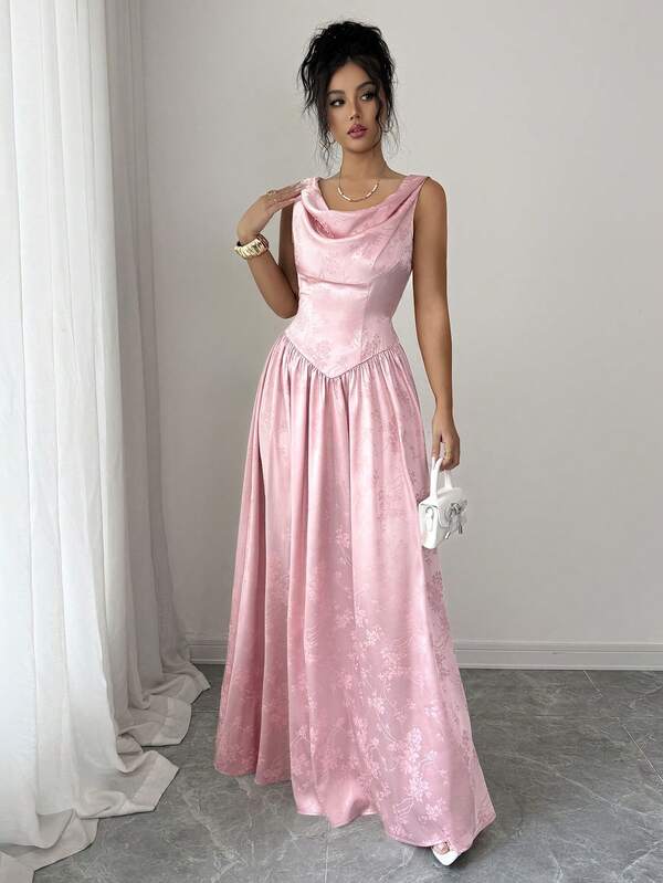 Elenzga Sleeveless Draped Neck Cinched Waist A-Line Satin Jacquard High-Gloss Fabric Light Pink Tie Waist Slimming French Elegant Vacation Dress For Women, Spring/Summer