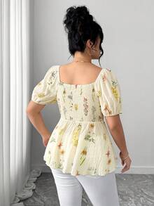 Elenzga Front Twist Ditsy Floral Textured Fabric Puff Sleeve Gathered Waist Flared Hem Women Blouse - Apricot - View 2