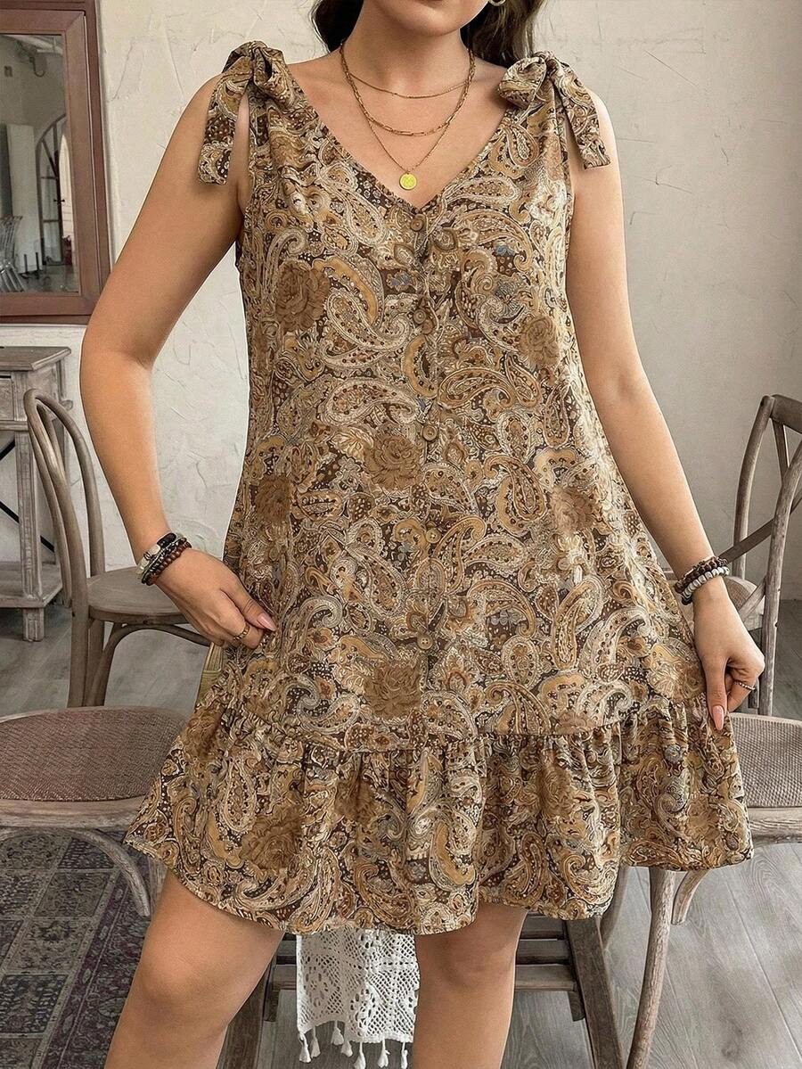 SHEIN VCAY Đầm cổ chữ V in họa tiết Paisley dành cho nữ cỡ lớn - màu nâu - Xem 1