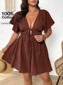 Elaquor Vestido de Mangas Bufantes Texturizadas com Decote em V, Cinto na Cintura, Para Tamanhos Grandes, Casual e de Férias - Marrom - Visão 7