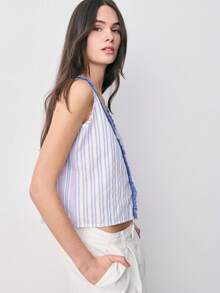 Nöista Sleeveless Top With Contrasting Vertical Stripes And Fringed Trim Along The Neckline And Center. Spring, Summer, Easter. - Multicolor - View 3