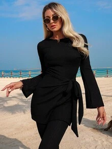 Swim Mulvari Women's Middle Eastern Style Modest Two Pieces Swimsuit, Long Sleeve Maxi Dress & Flared Pants Set, Cinched Waist Belt, Fashionable & Slimming, Suitable For Beach & Vacation - Black - View 3