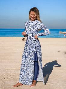 Swim Mulvari Women's 4-Piece Set: Blue Floral Print One-Piece Dress With Sheer Skirt, Long Sleeve Bodysuit, And Fitted Pants, Modest Yet Fashionable Vacation Swimsuit, Spring/Summer - Blue - View 3
