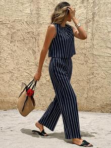 SHEIN Frenchy Women's Casual Striped Tank Top And Straight Leg Pants 2 Pieces Set, Summer - Navy Blue - View 2
