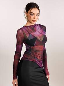 plantica Casual Sexy Urban Chic Minimalist Fashion Women's Black Long Sleeve Fitted Semi-Sheer Mesh Floral Print Blouse, Suitable For Outings, Travel, Dates, Parties, Holidays, Valentine's Day, Spring/Summer,Going Out,Sexy, Elegant,, Wedding Guest, Music Festival, Musician, Night Club - Black - View 4