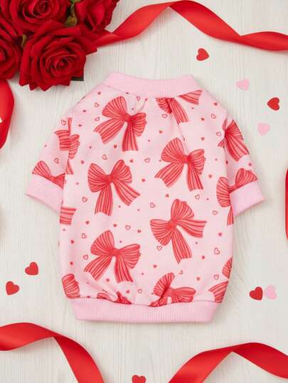PETSIN 1 Printed Red Bow Sweatshirt, Thick And Warm Pet Style For Autumn And Winter, Pink Color Matching