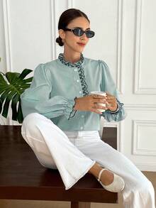 Serisse 女士条纹长袖休闲宽松纽扣衬衫 - 綠色 - 查看 5