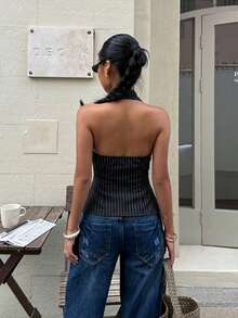 Siren Gaze Women's Bow Tie Hollow Out Halter Neck Fitted Crop Top, Slit Front Sleeveless Blouse - Black - View 2