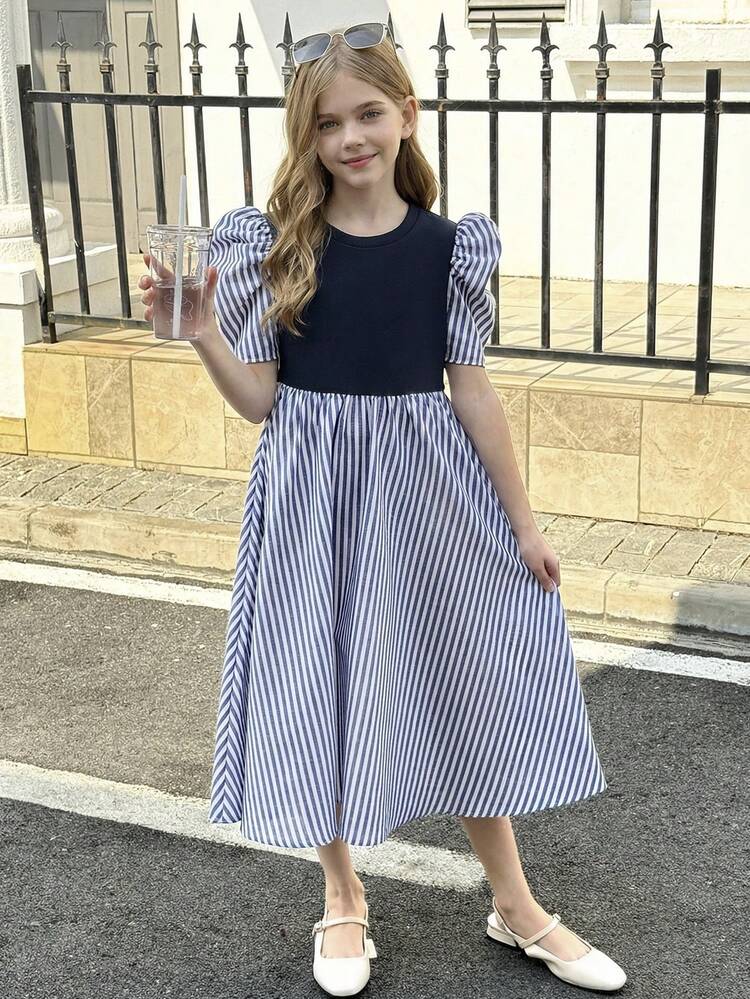 SHEIN Tween Girl Color Block Blue & White Striped Navy Color Block Short Sleeve Dress, Tween Girls Cute Striped Print Splice Short Sleeve Navy Color Block Mid-Length Dress, Suitable For Outings, Parties, Spring/Summer, Vacation & Holidays Holiday Outfits, Princess Dress, Daily Wear - Blue - View 10