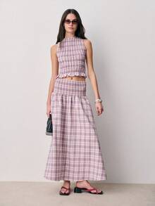 Nöista Sleeveless Plaid Dress Features A Smocked Bodice With Ruffle Details At The Waist And Neckline, Flowing Into A Gathered Skirt. Spring, Summer Outfit For Women, Casual Top. - Purple - View 5