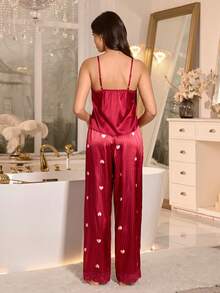 LuxeNights Women's Heart Striped Print Lace Trim Pajama Set - Red - View 2