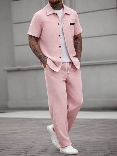 Manfinity CasualCool Men's Summer Solid Corduroy Short-Sleeve Shirt And Pants Casual Set, Men's White Two Pieces Pants Set, Men's Two Pieces White Outfit Men's 2 Pieces Leisure Suits Men S Co Ord Set Men 2 Pieces Outfit Set,Weekend Trips, Outdoor Activities, Travel Expeditions, Relaxed Work Environments Or Semi-Formal Occasions, Boyfriend/Husband Gift, Anniversary /Birthday Gift Party Summer Vacation Holiday New Years Wedding Valentine's Day,Pink Set