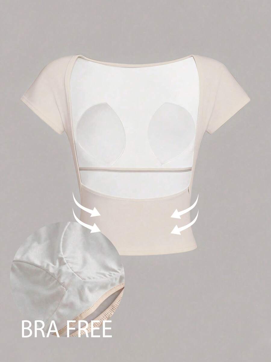 女士露背性感短款紧身T恤，适合夏季穿着 - 卡其色 - 查看 1