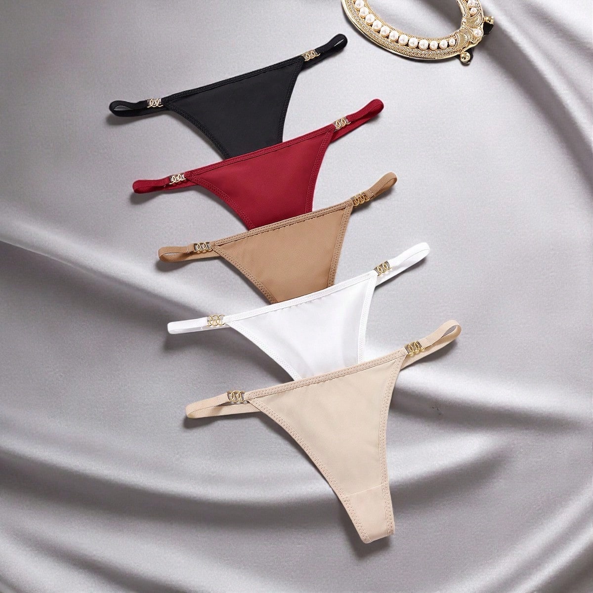 Set de 5 bragas tipo tanga de cintura baja cómodas y casuales para mujer con conector en forma de círculo