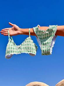 Swim Mod 格子图案细肩带蝴蝶结吊带比基尼套装 - 綠色 - 查看 1