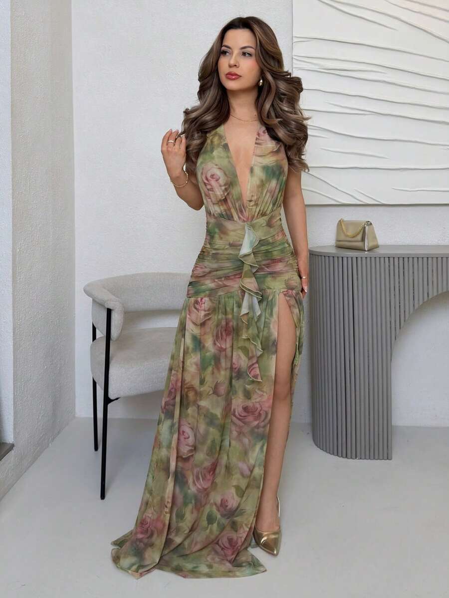 Jemour 春夏纯绿色和粉色花卉印花深 V 领高开衩网眼裙长裙，休闲海滩度假连衣裙，性感优雅连衣裙 - 綠色 - 查看 1